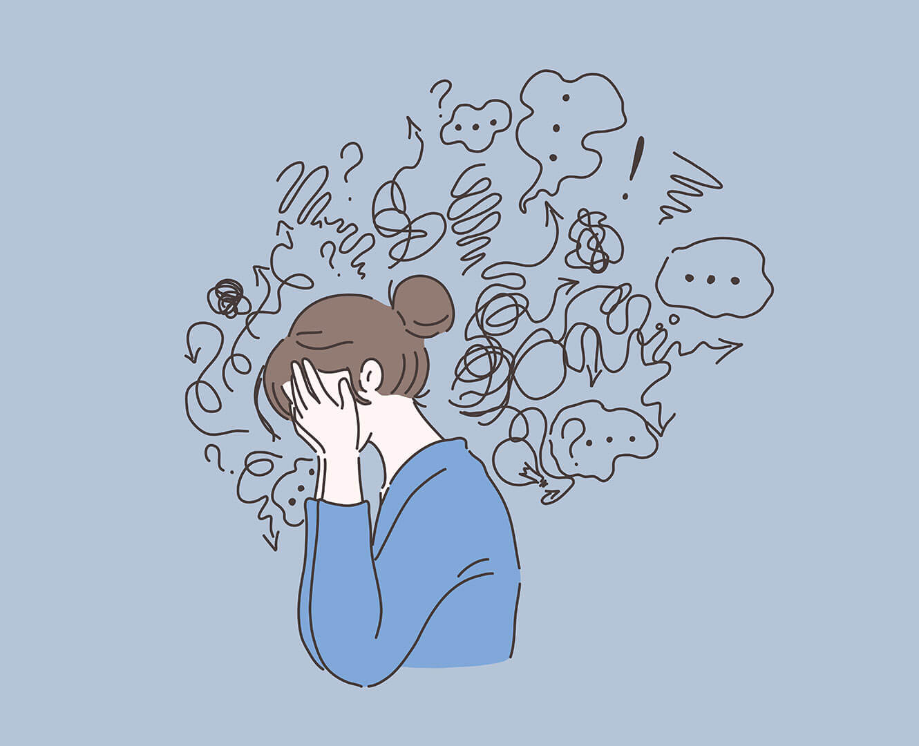 Graphic of woman with head in her hands and chaotic thoughts