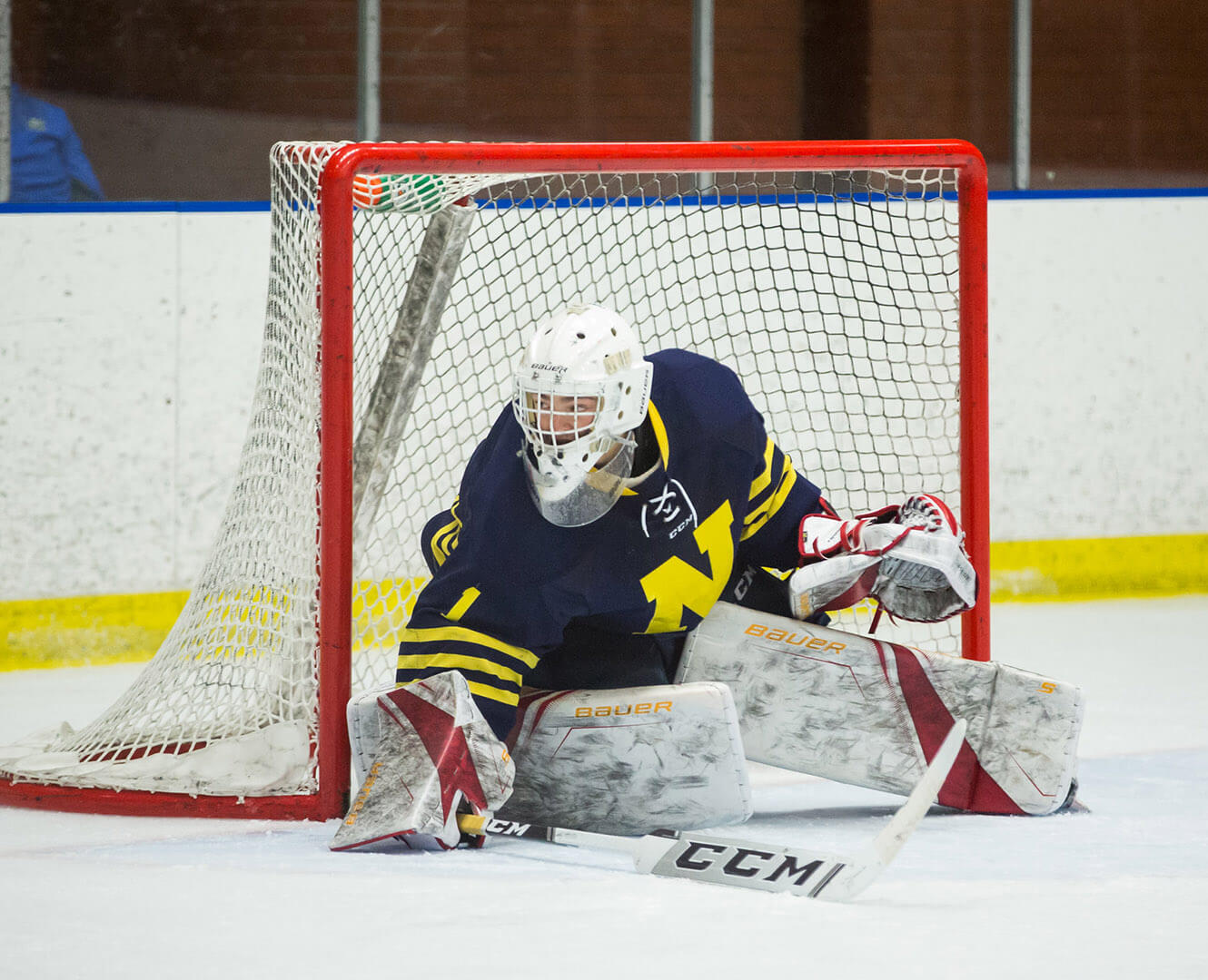 Goalie stops a shot in the net during hockey game