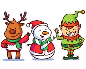 Christmas characters drawing elf Santa snowman reindeer