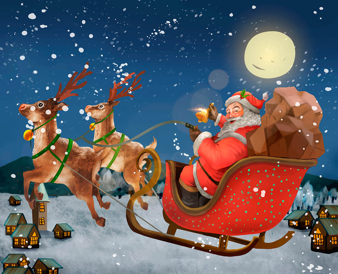 Santa riding in his sleigh pulled by reindeer