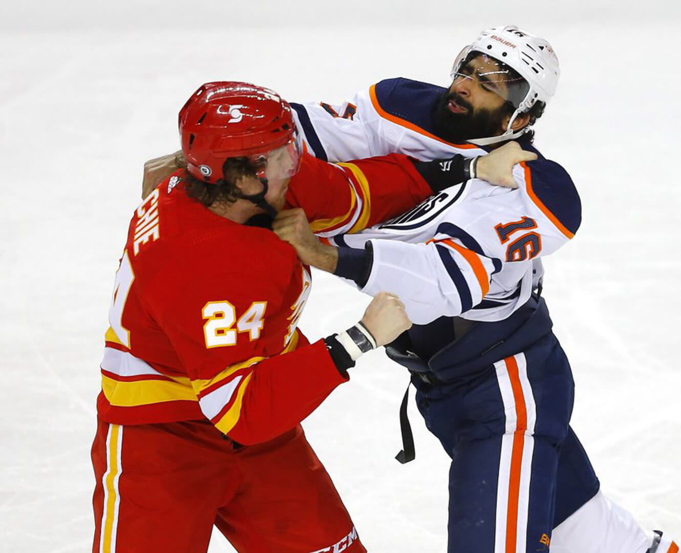 Jujar Khaira of the Edmonton Oilers was knocked out in a fight by Brett Ritchie
