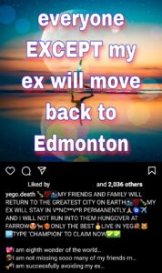A sunset with the text "everyone except my ex will move back to Edmonton"