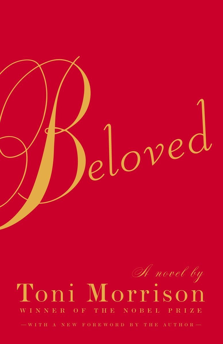 red book cover with gold text that says beloved by toni morrison
