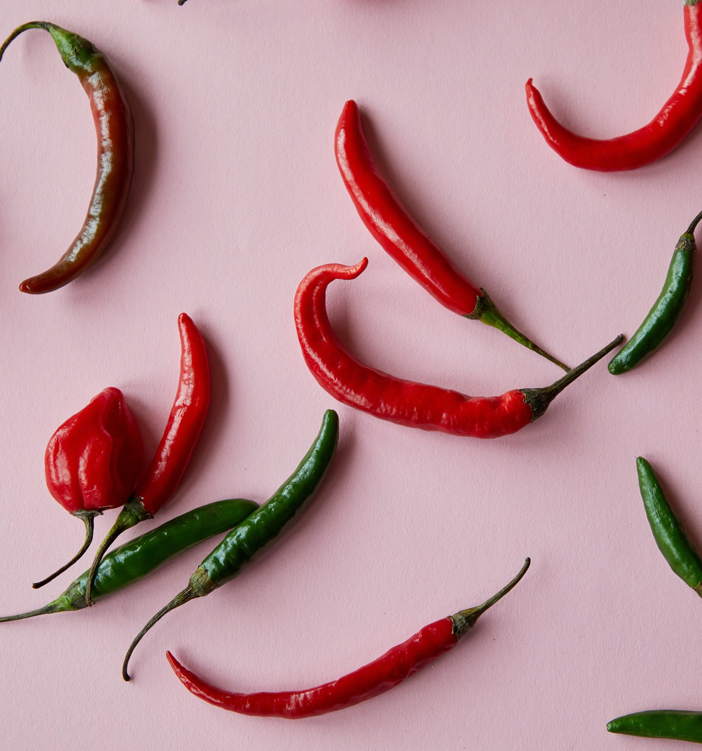 a variety of peppers on a pink background