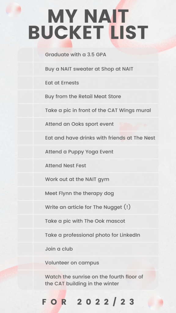 Graphic of a bucket list about nait things to do on campus
