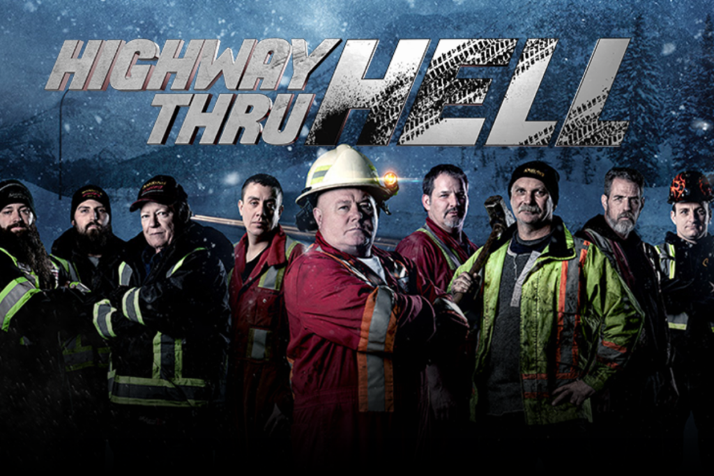 Highway Thru Hell with a photo of the cast below it wearing coveralls and hard hats