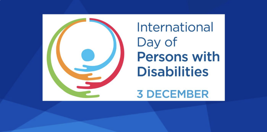 An image with text that says "International Day of Persons with Disabilities" in blue font. Underneath it says "3 December"