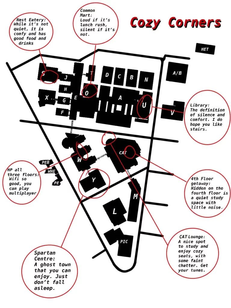 A map of NAIT highlighting the coziest corners. 