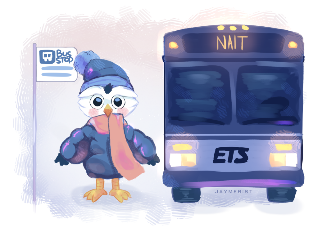 An illustration of the ook wearing winter clothes standing next to an ETS bus. 