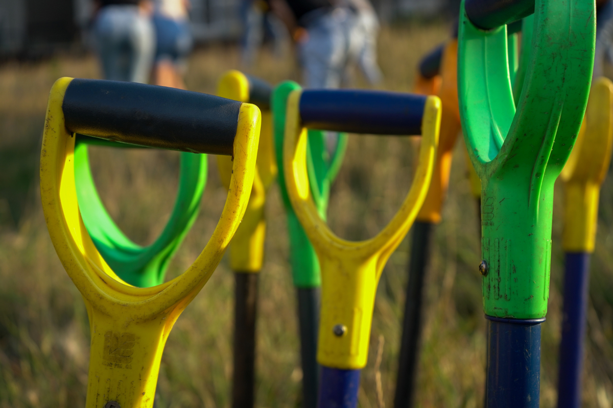 a photo of the top of yellow and green shovels