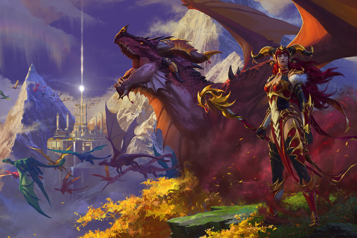 A promotional image from the new WoW game. A purple dragon roars in front of a mountain.