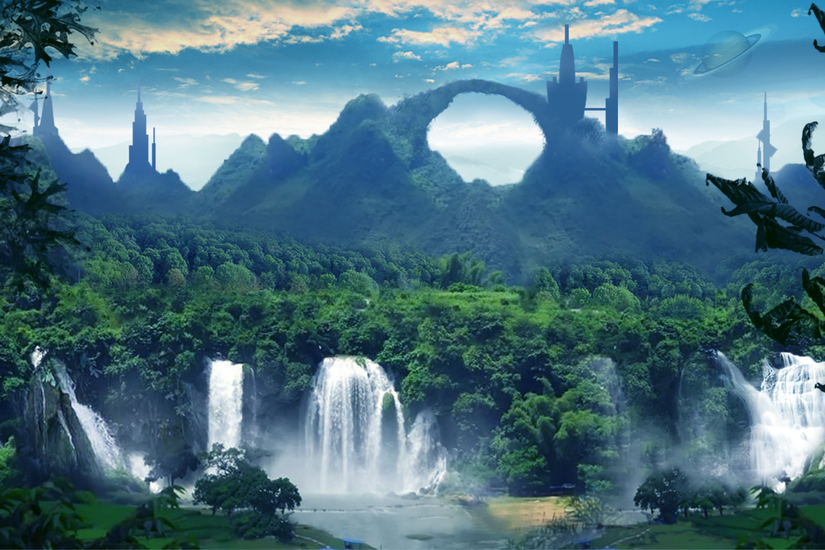 A fantasy landscape with waterfalls, green trees, and a mountain in the background.