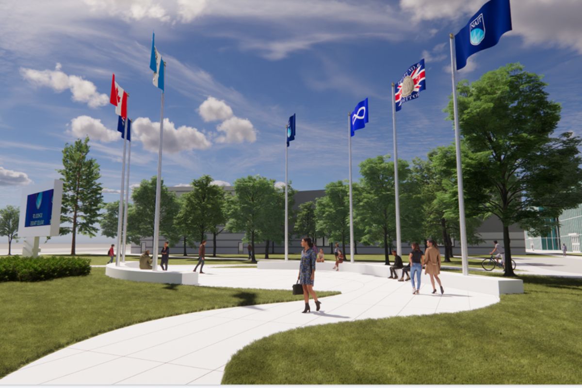a digital rendering of a plaza with 7 flagpoles with flag raised