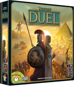 A mockup of the box of the game 7 Wonders Duel. The title is on the middle of the box, and there's two spartan soldiers with light behind them. The background is a war scene and you can see pyramids in the distance.
