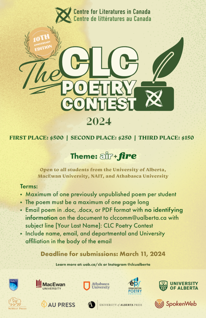 a poster advertising the CLC poetry contest. it's got a yellow background with green and white text. 