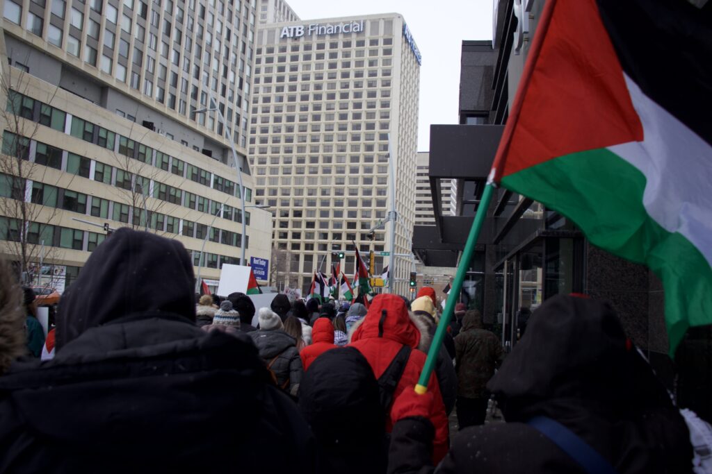 A crowd marches in downtown Edmonton. You can see numerous Palestinian flags being held above the crowds. 