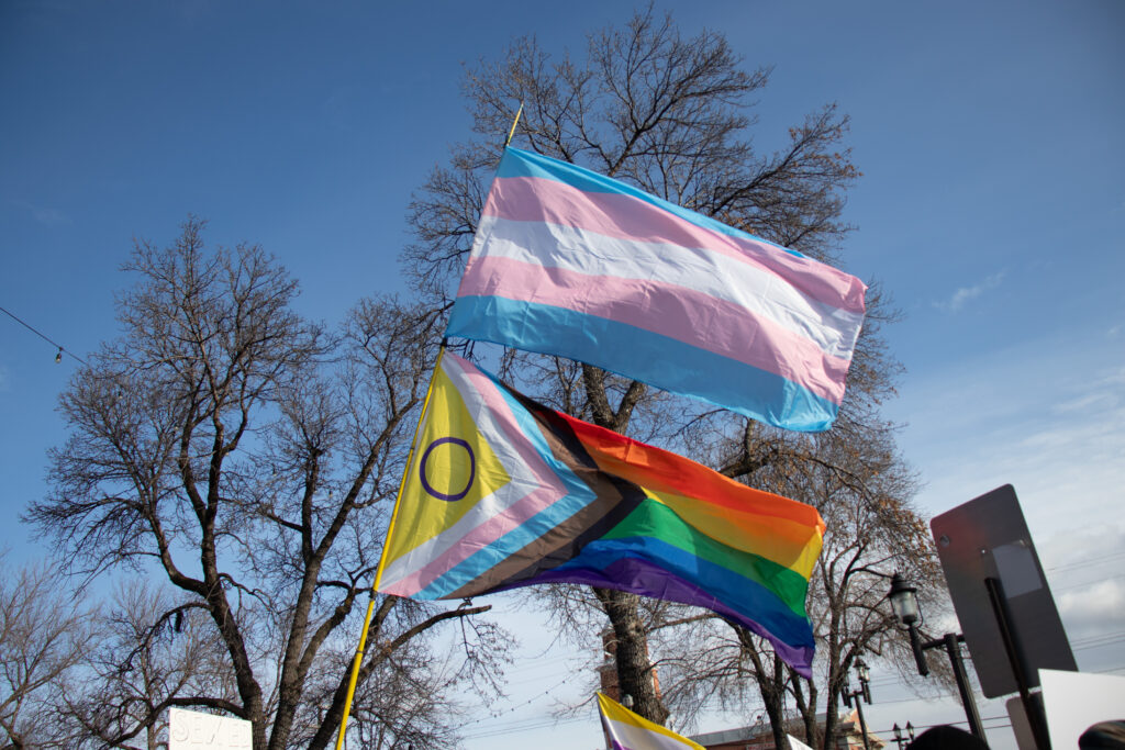 The trans-pride flag (blue and pink with white stripes) and the progress-pride flag/intersex flag wave in the wind (rainbow with a triangle near the left edge with brown and black stripes, blue pink and white strips, and a yellow triangle with a blue circle.)