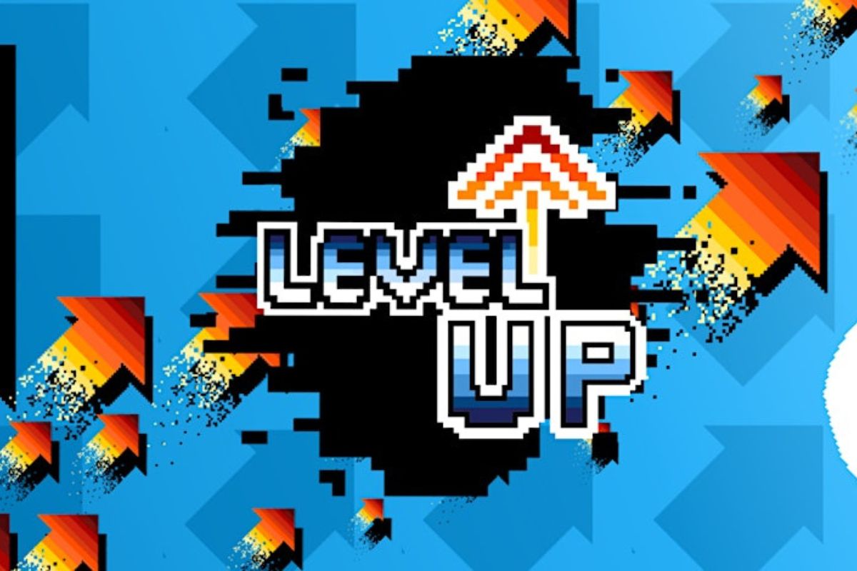 an advertisement for the level up conference. background is blue and there are orange and yellow pixelated arrows. blue and white pixelated text says "level up" in the middle