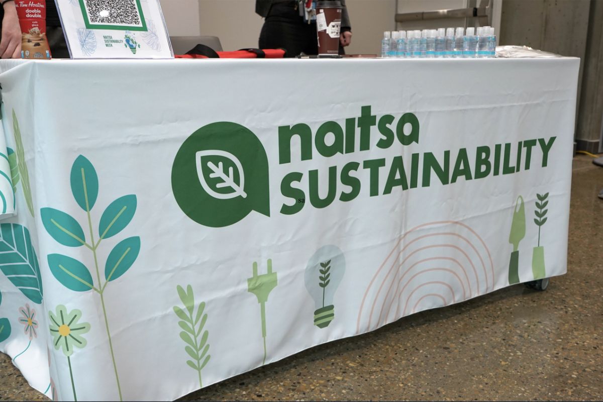 A white tablecloth covers a table. It says "naitsa sustainability" in green letters. there are green and light blue leaves on the bottom.