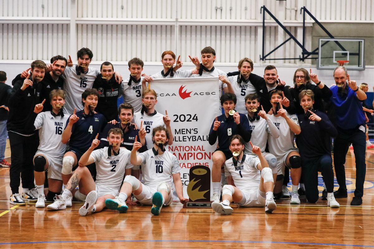 a group of men wearing jerseys hold up gold medals and pose with a banner in the middle that says 2024 men's volleyball champions